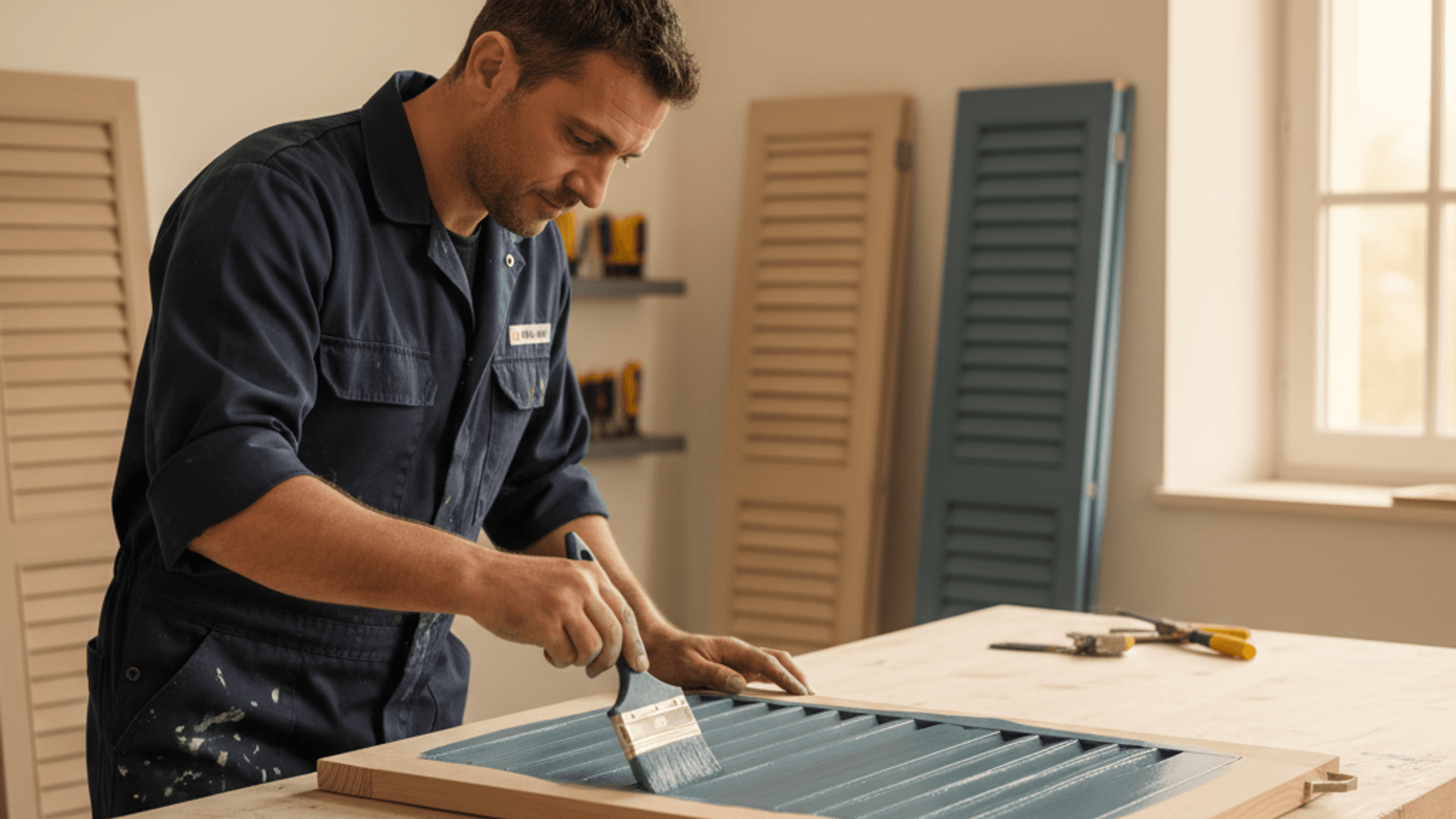 Artisan peintre appliquant une couche de peinture sur un volet bois en atelier
